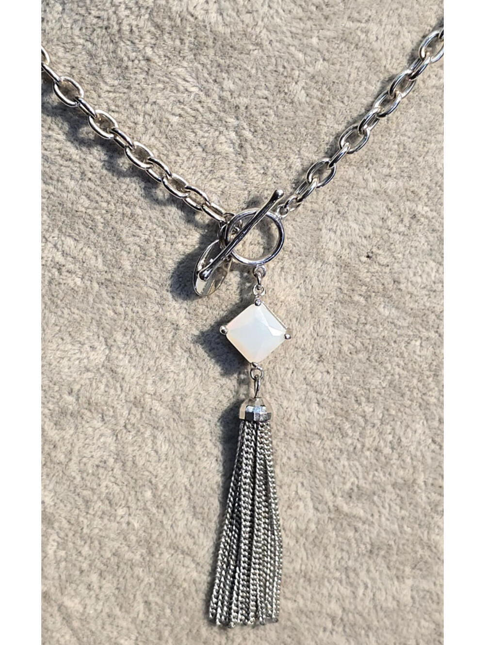 Laila Rowe Silver Tone Necklace Opalite Chain Tassel Pendant Toggle Closure
